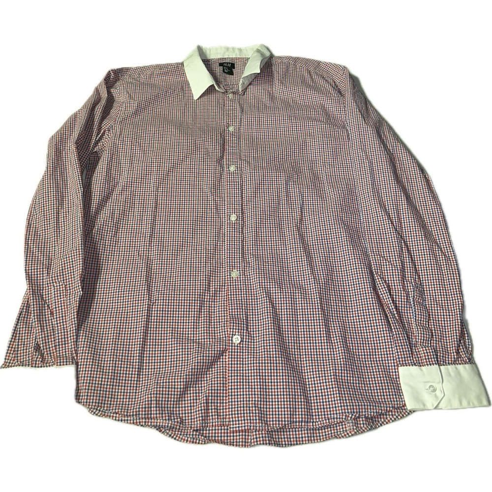 H&M Men's XL White Collar Red White Blue Checkered Shirt Long Sleeve Dress Shirt